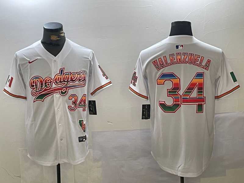 Men%27s Los Angeles Dodgers #34 Fernando Valenzuela White Rainbow Mexico Cool Base Stitched Fashion Jersey